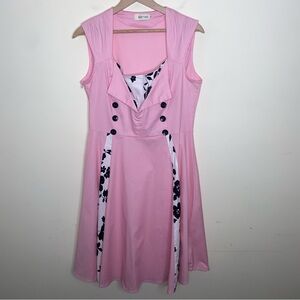 Killreal Size XL Retro Pink with Black and White Floral Sleeveless Dress